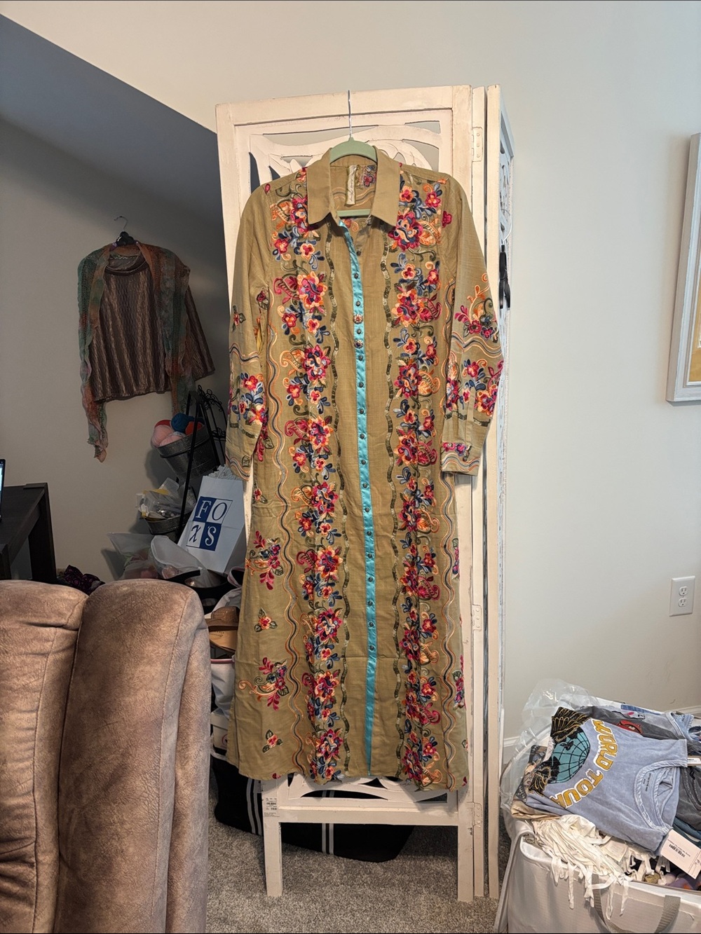 Aratta Khaki Dress:Duster with Multicolor Floral Embroidery